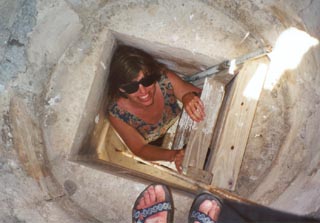 Climbing ladder in church tower